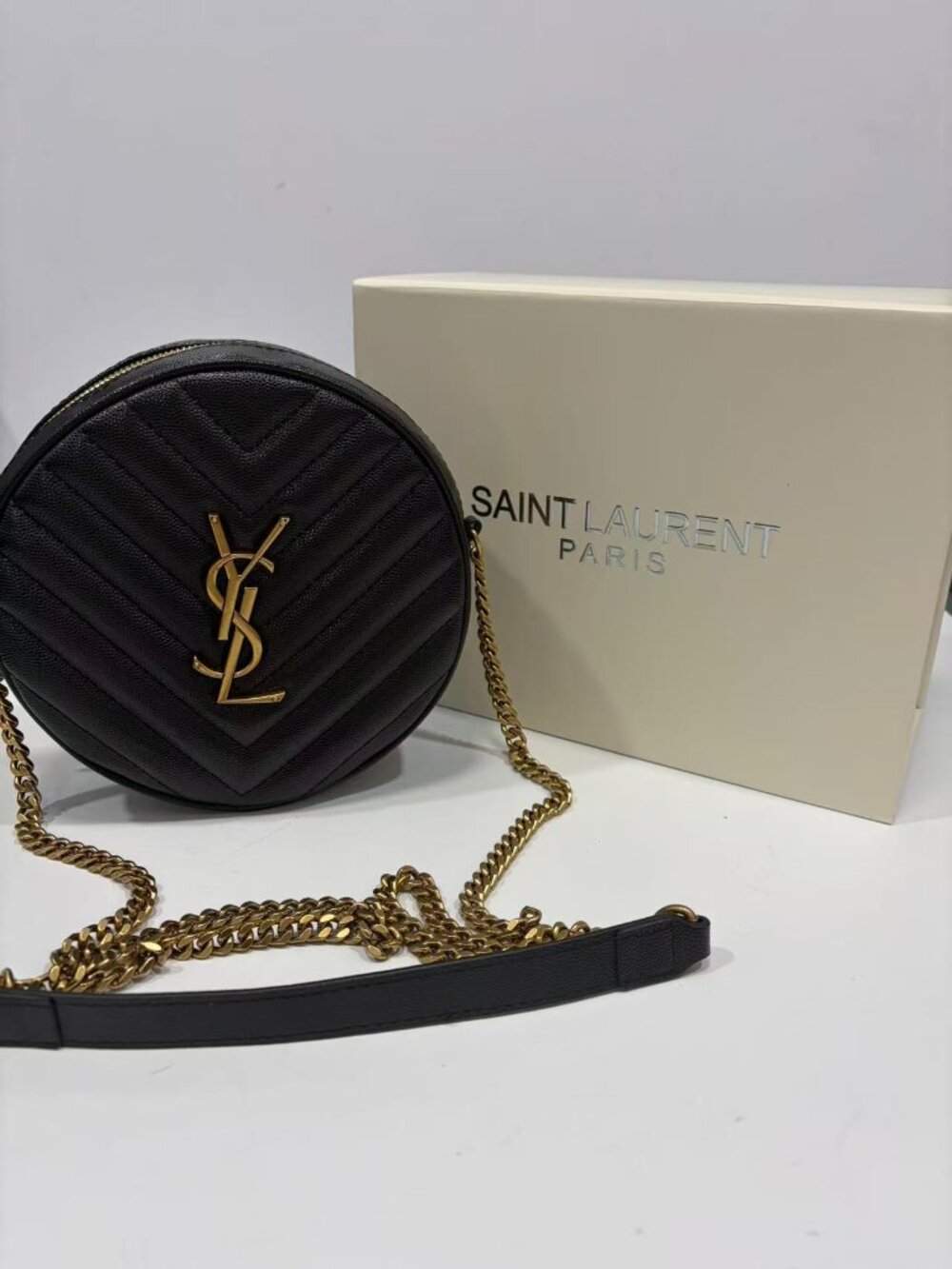 Yves Saint Laurent Black Quilted Leather Round Crossbody Bag with Gold Chain